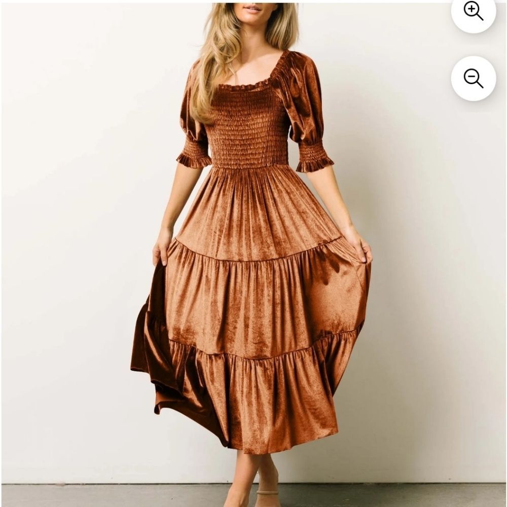 Burnt Orange Copper Velvet Maxi Dress Tiered Smocked Holiday Party Christmas M